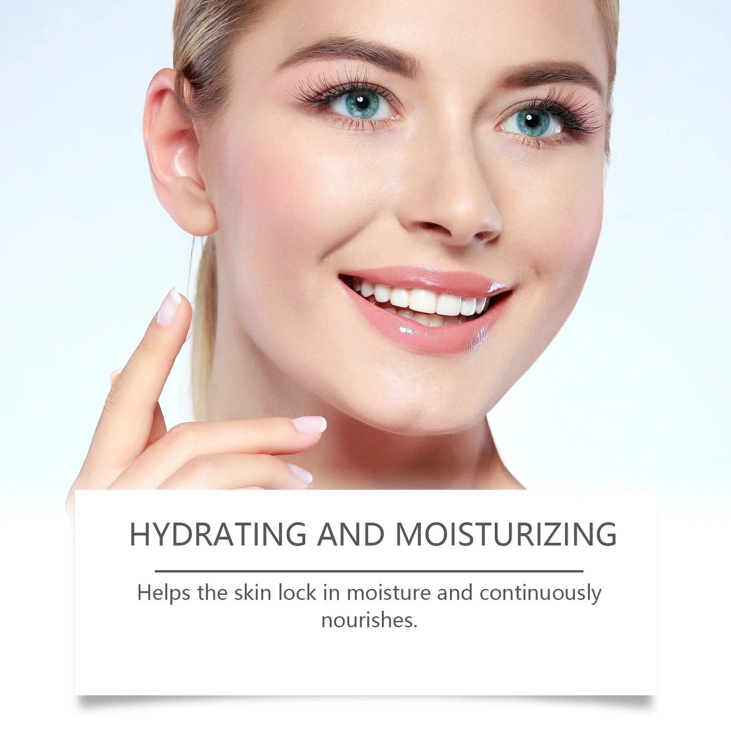 Woman with smooth skin and text about hydrating and moisturizing on a light background