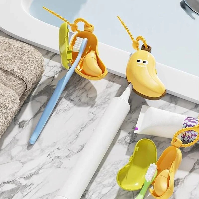 Children's toothbrushes and holders on a marble bathroom counter