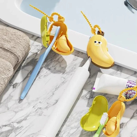 Children's toothbrushes and holders on a marble bathroom counter