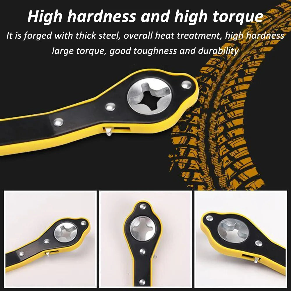 Yellow and black tool with text about high hardness and torque, against a tire background.