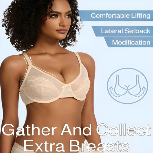 Woman wearing beige lace minimizer bra full coverage design with mesh back and U-shaped underwire support