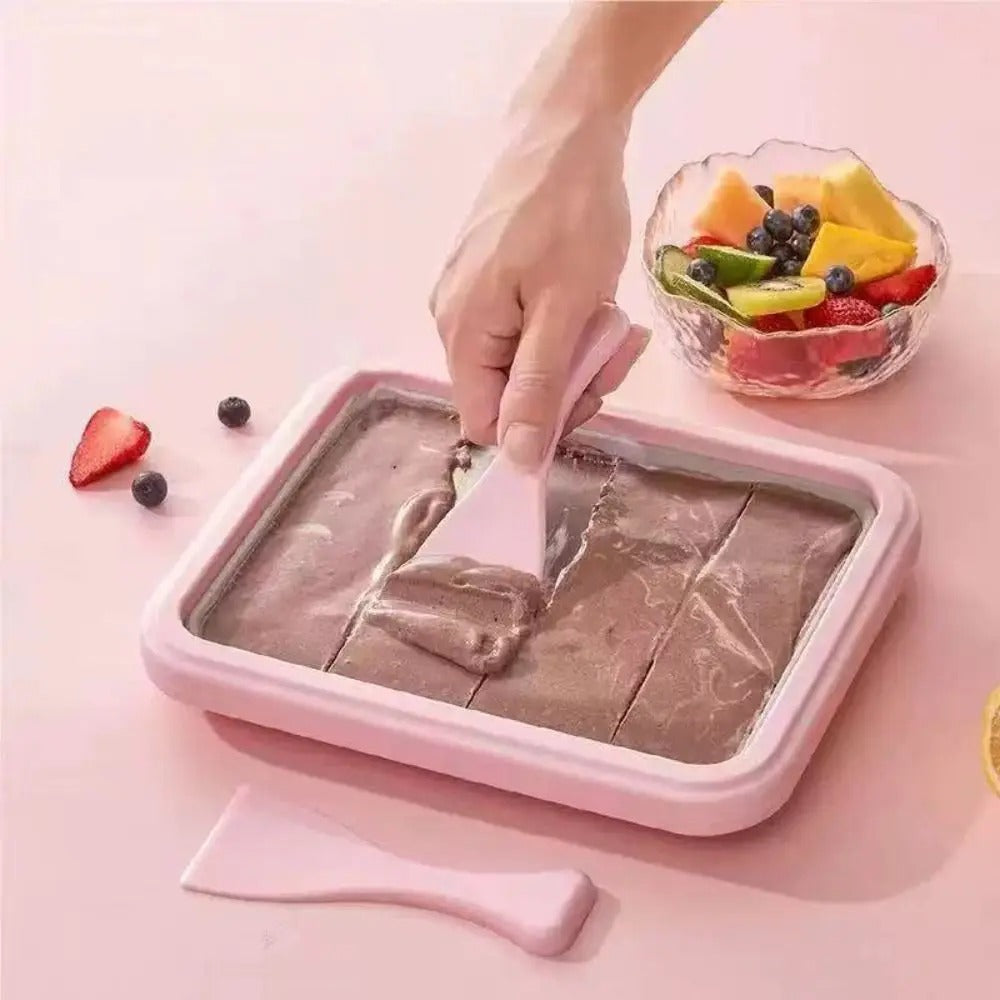 Compact ice cream roll pan on kitchen counter with berries