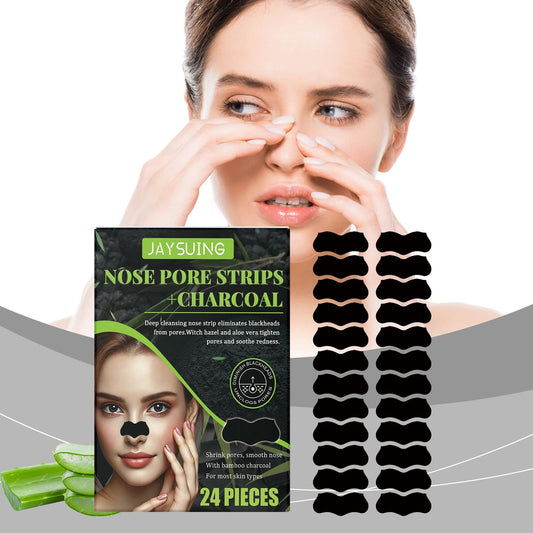 Charcoal nose pore strips box with 24 strips arranged beside it.