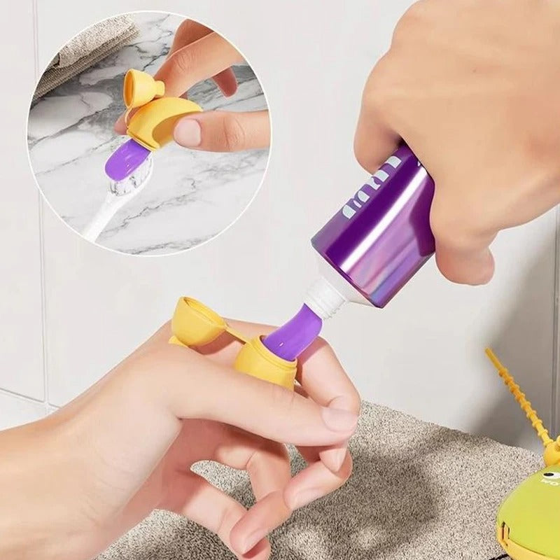 Person using a purple and yellow tool on a marble surface