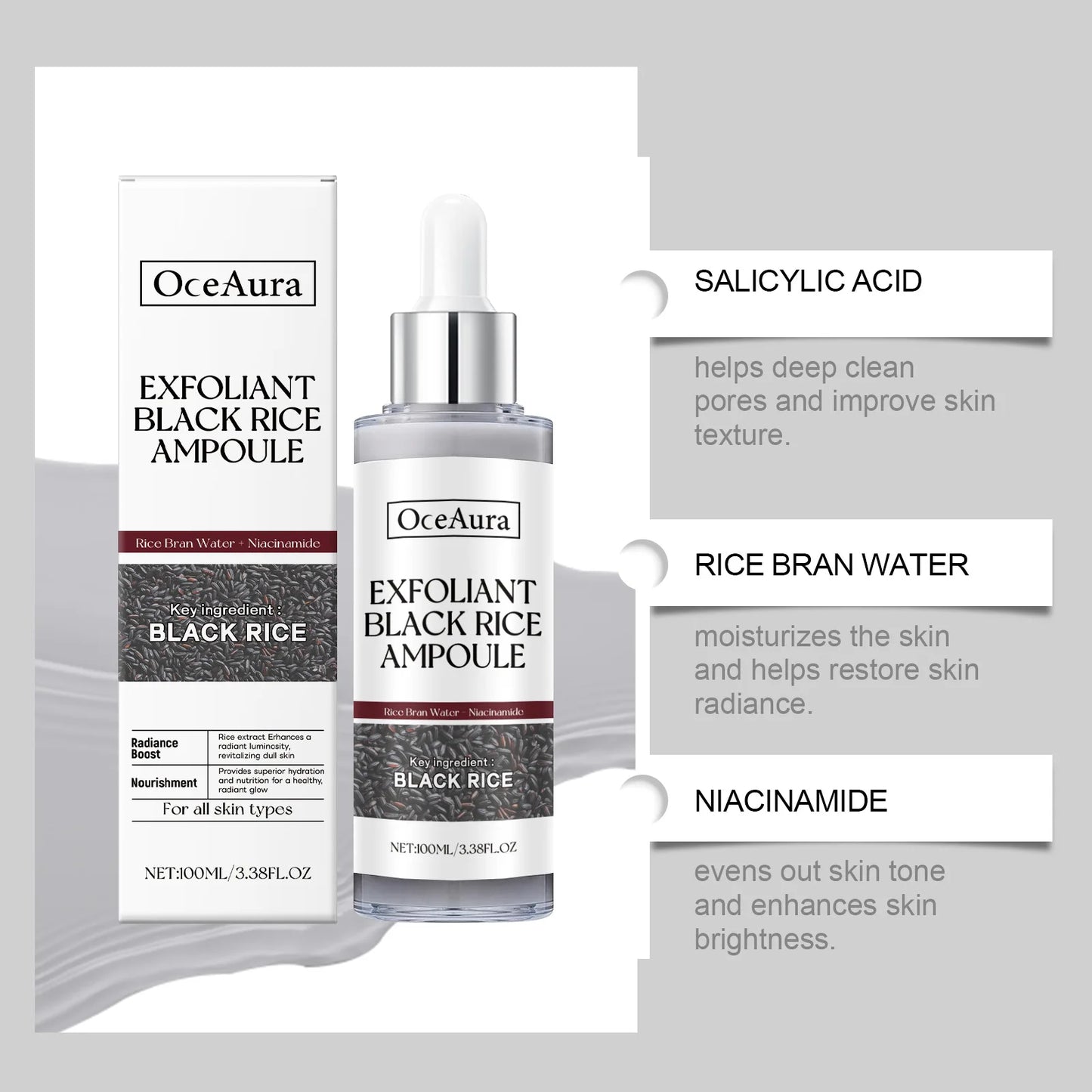 OceAura Exfoliant Black Rice Ampoule with product details on a gray background