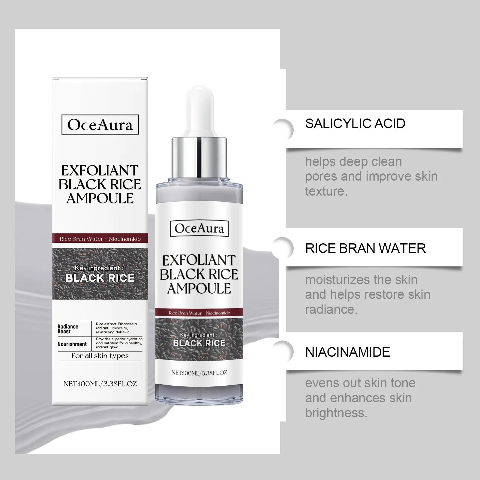 OceAura Exfoliant Black Rice Ampoule with product details on a gray background