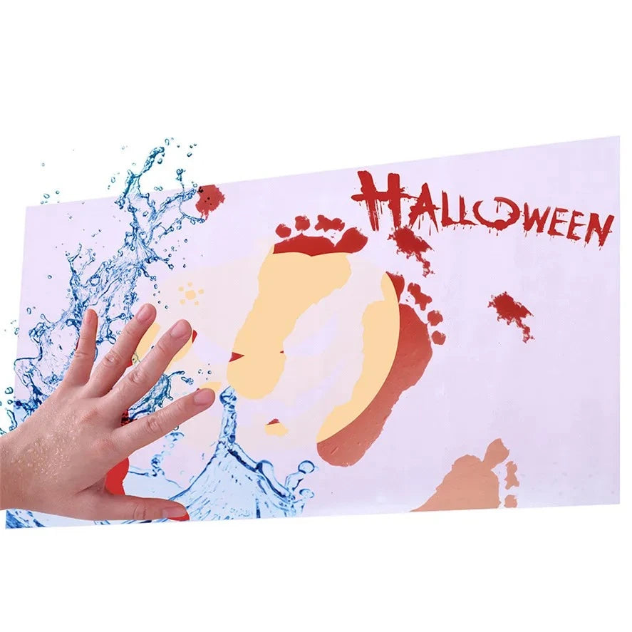 White prank bath mat before and after getting wet