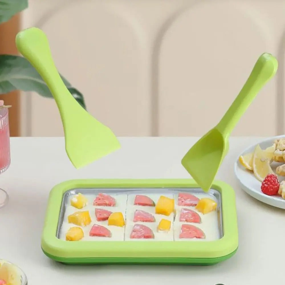 Green ice cream roll maker set creating square frozen bites
