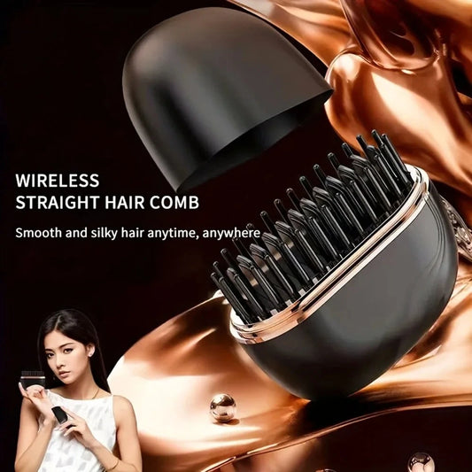 Wireless straight hair comb with a woman using it on a decorative background