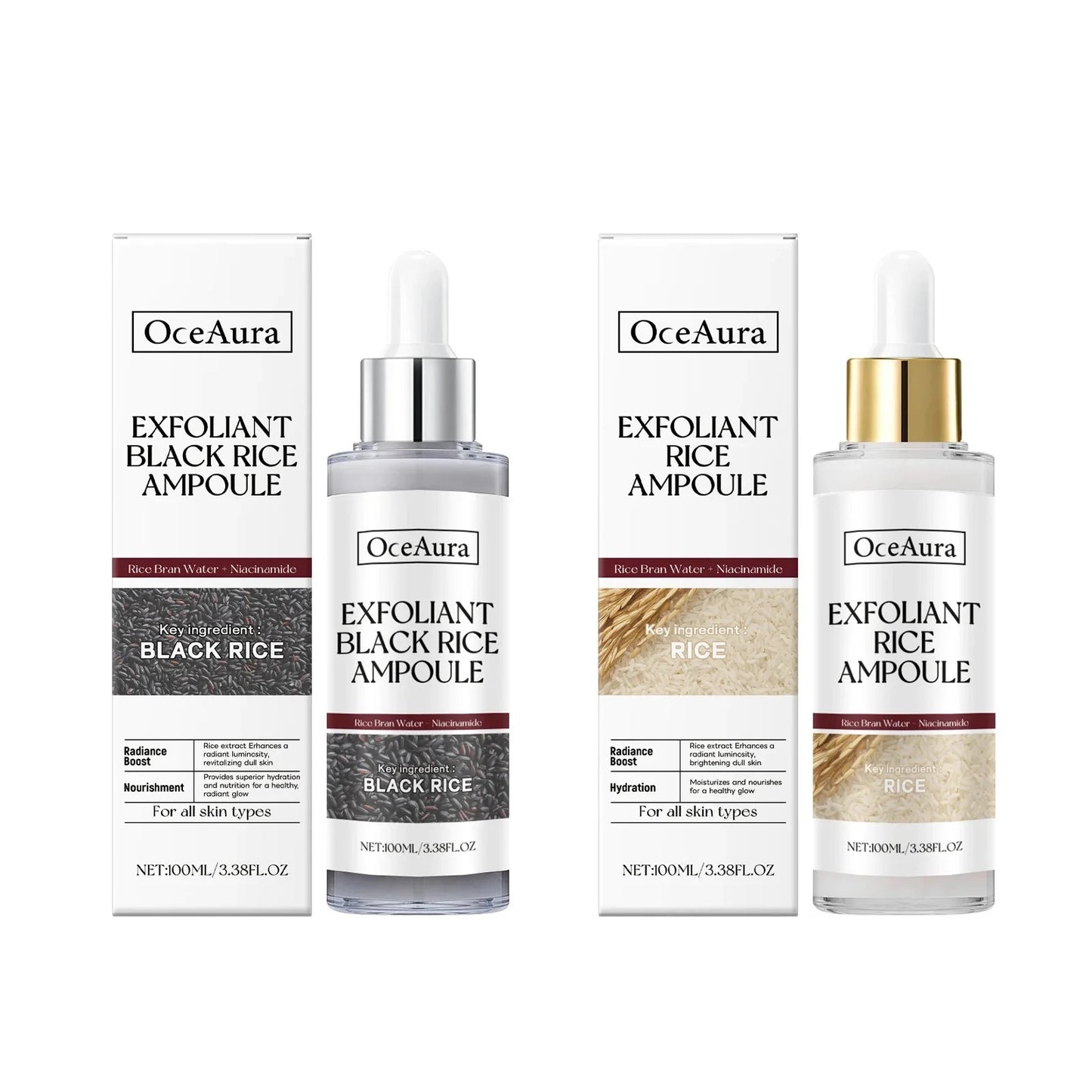 OceAura Exfoliant Black Rice Ampoule and Exfoliant Rice Ampoule bottles and boxes on a white background
