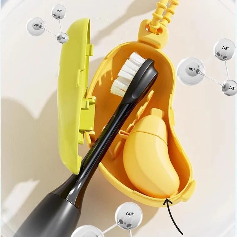Yellow cleaning kit with brush and bottle on a light background