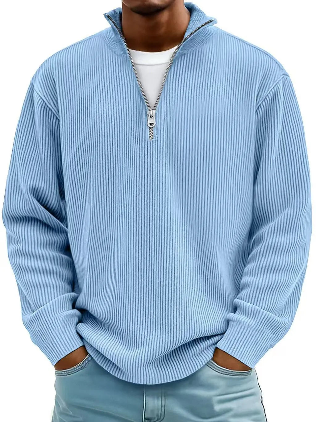 man wearing sky blue corduroy quarter zip