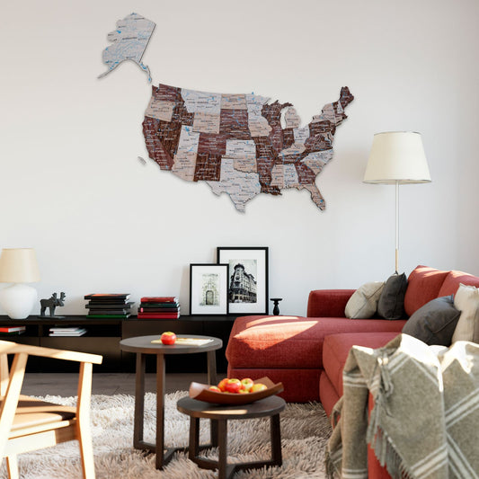 Wood 3D USA map wall art in cappuccino finish on a wall