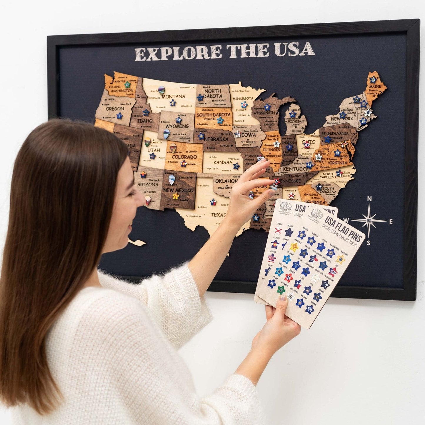 3D wooden USA map wall art in Multicolor