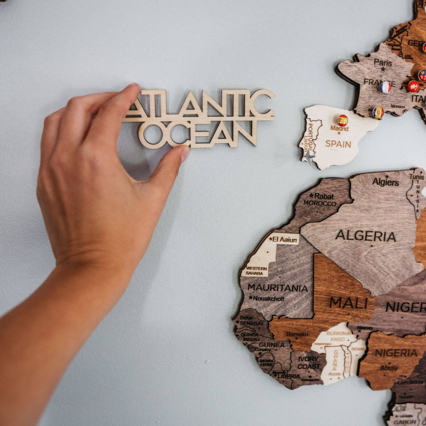 3D Wooden World Map Wall Art With Flag Pins