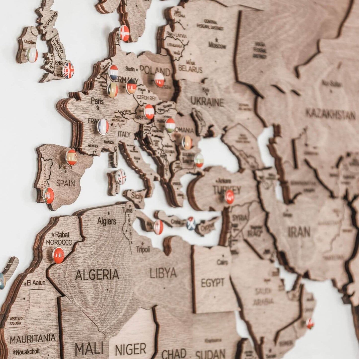 3D Wooden World Map Wall Art With Flag Pins