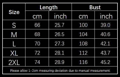 men’s cardigan size chart with length and bust measurements