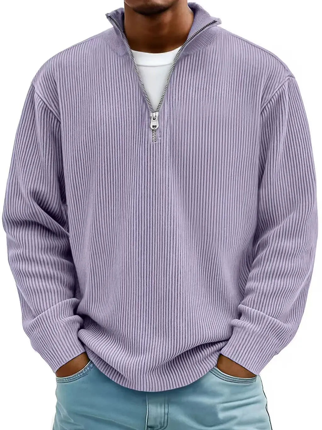 men’s corduroy quarter zip pullover in purple