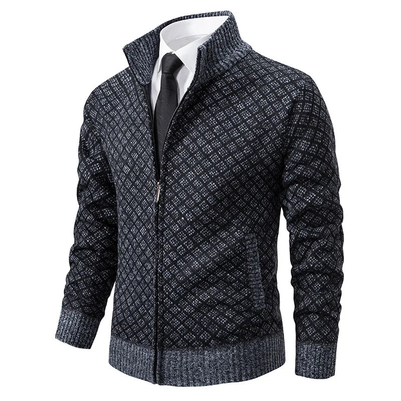 men’s patterned zip cardigan shown with dress shirt
