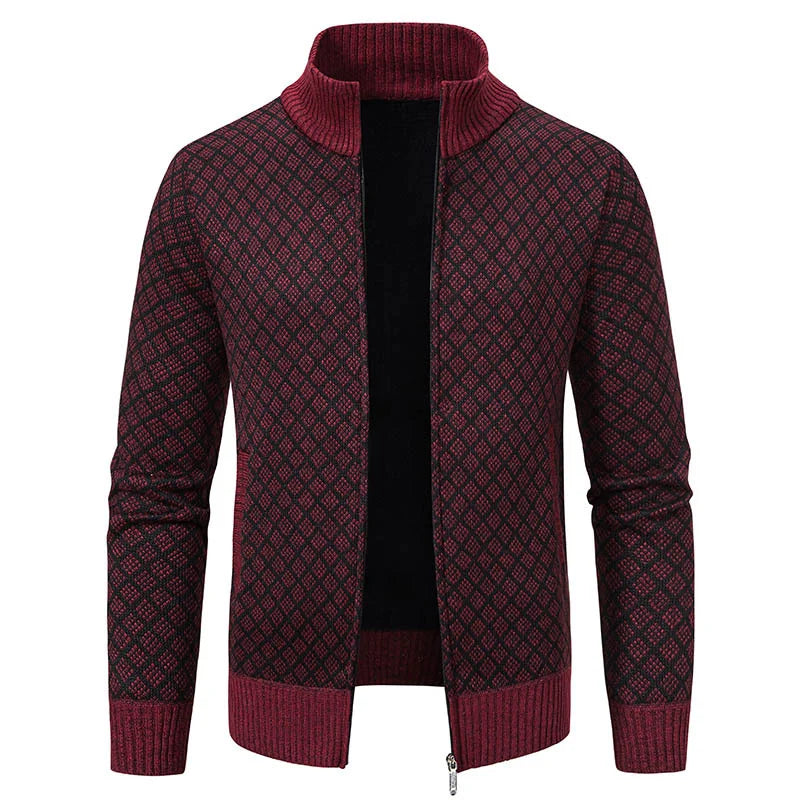 men’s winter knitted zip cardigan in wine red
