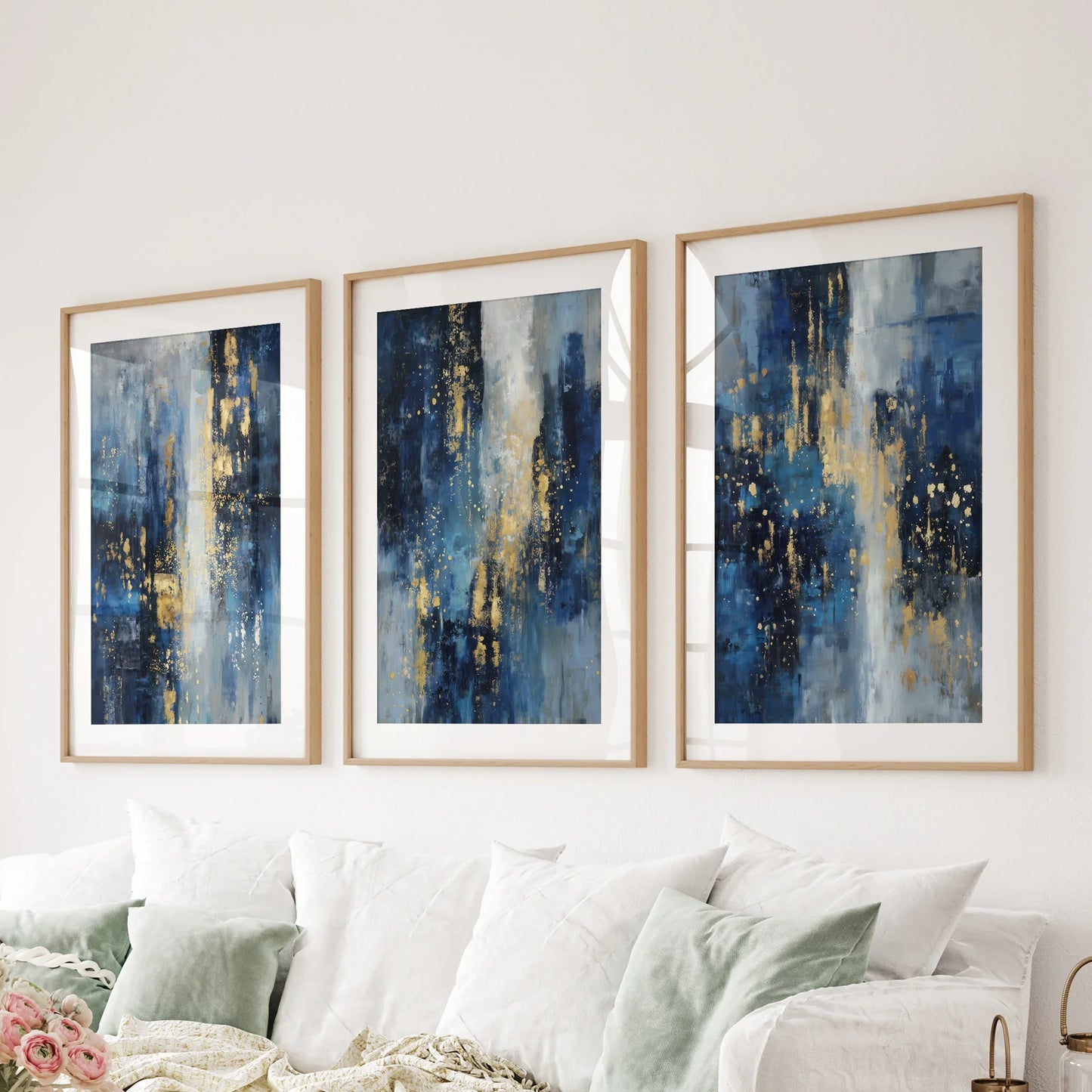 Navy Blue and Gold Abstract Wall Art Set of 3 Prints
