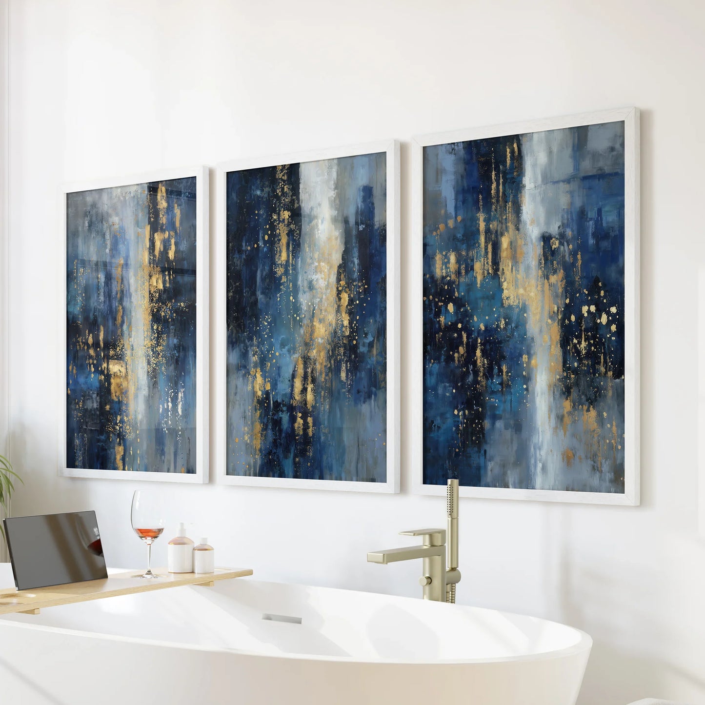 Navy Blue and Gold Abstract Wall Art Set of 3 Prints