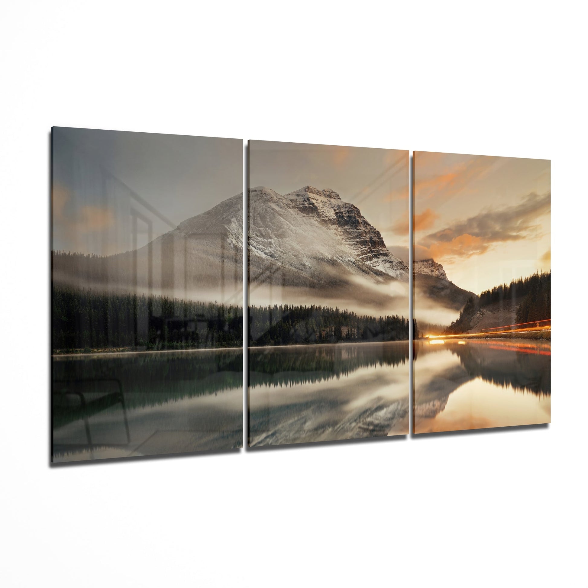Golden sunrise over mountain ridge on glass wall art