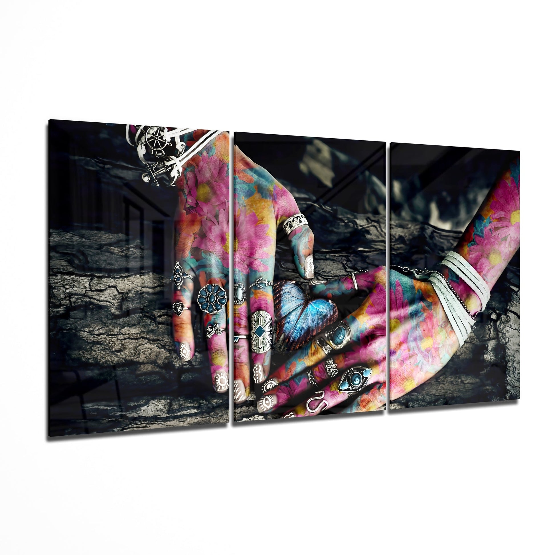 Hands glass wall art three piece set