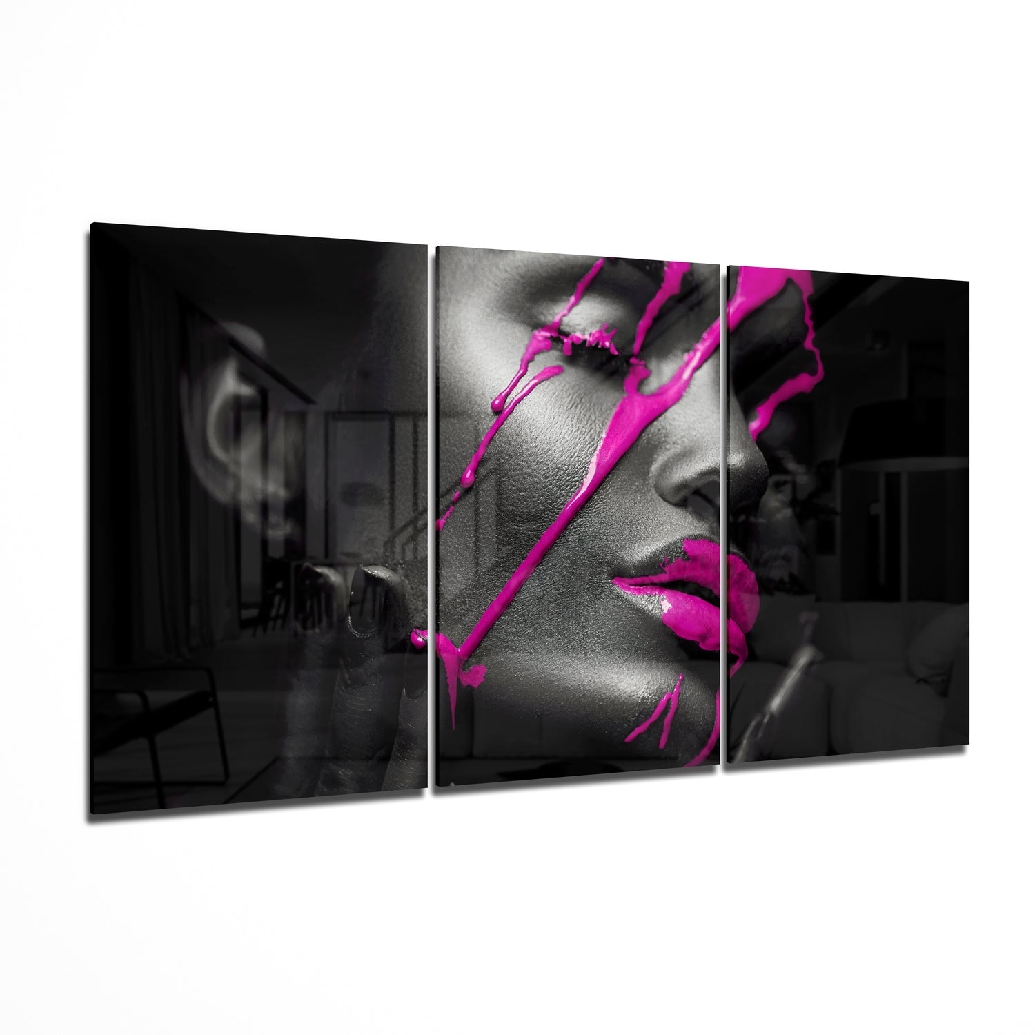 Pink ink glass wall art, three-panel abstract set