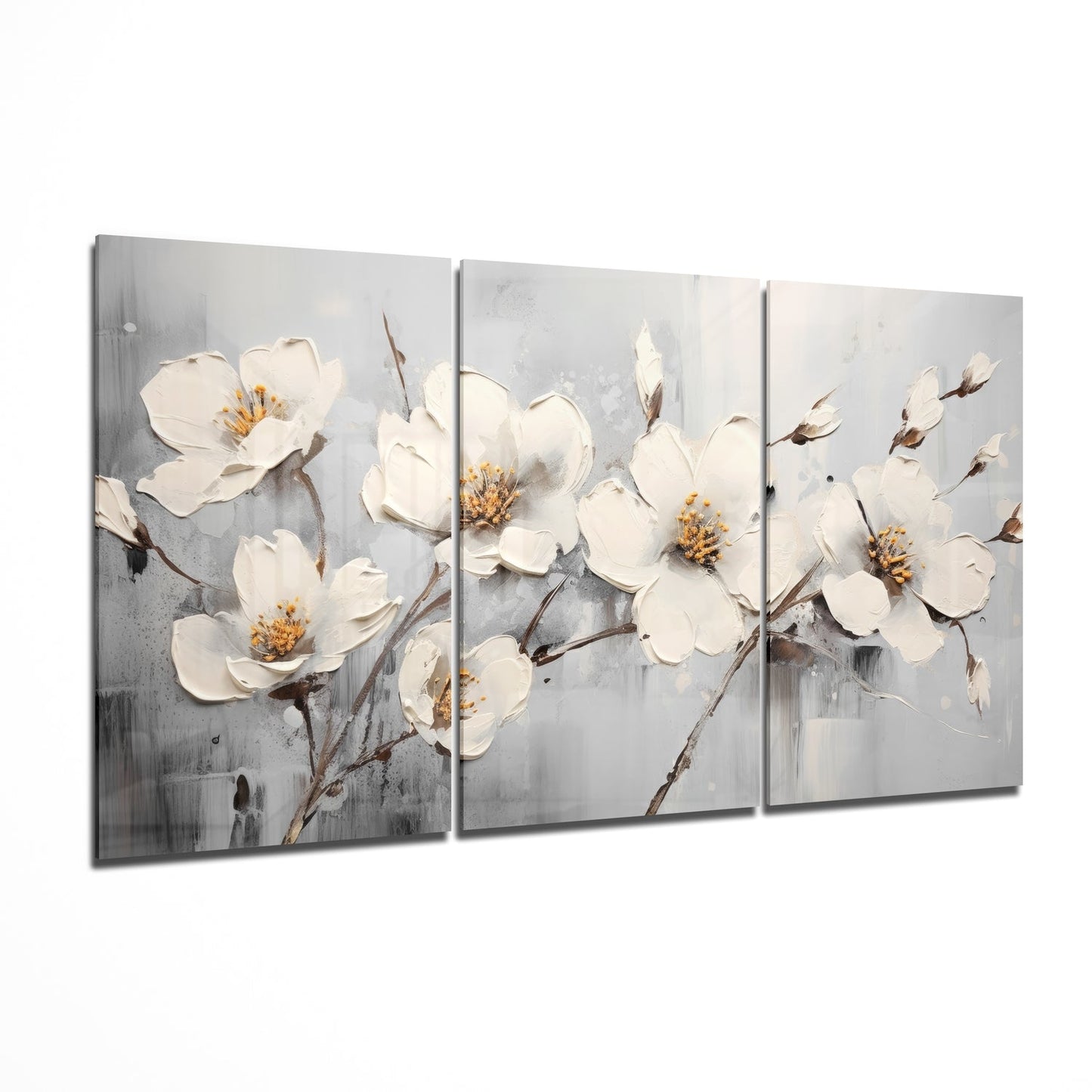Three panel white blossoms glass wall art