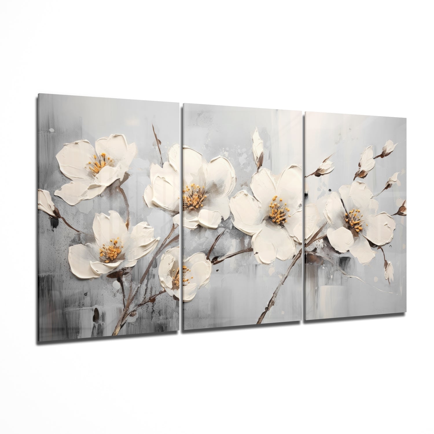Three panel white blossoms glass wall art