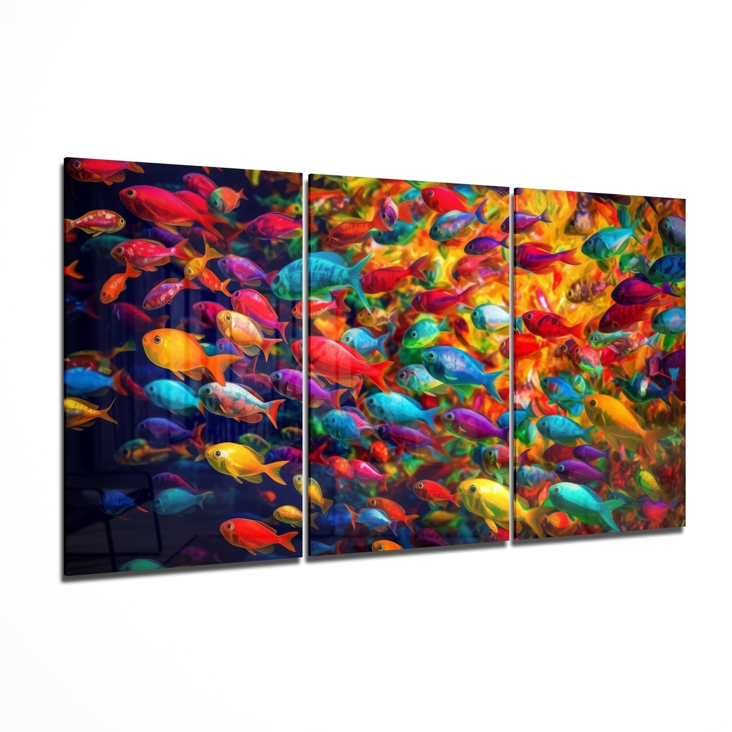 Rainbow fish school triptych glass wall art