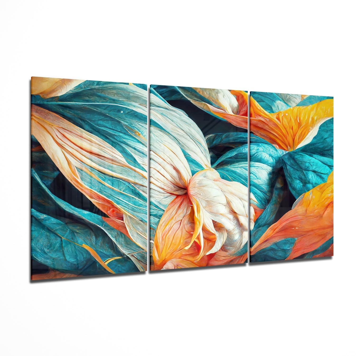 Teal orange abstract petals glass wall art