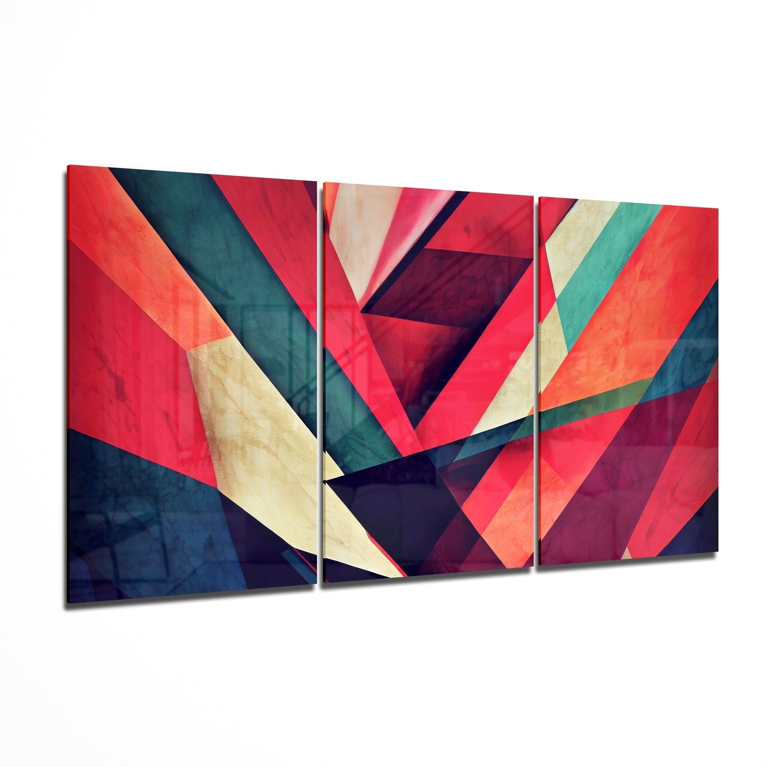 Crimson and teal diagonal stripes glass wall art