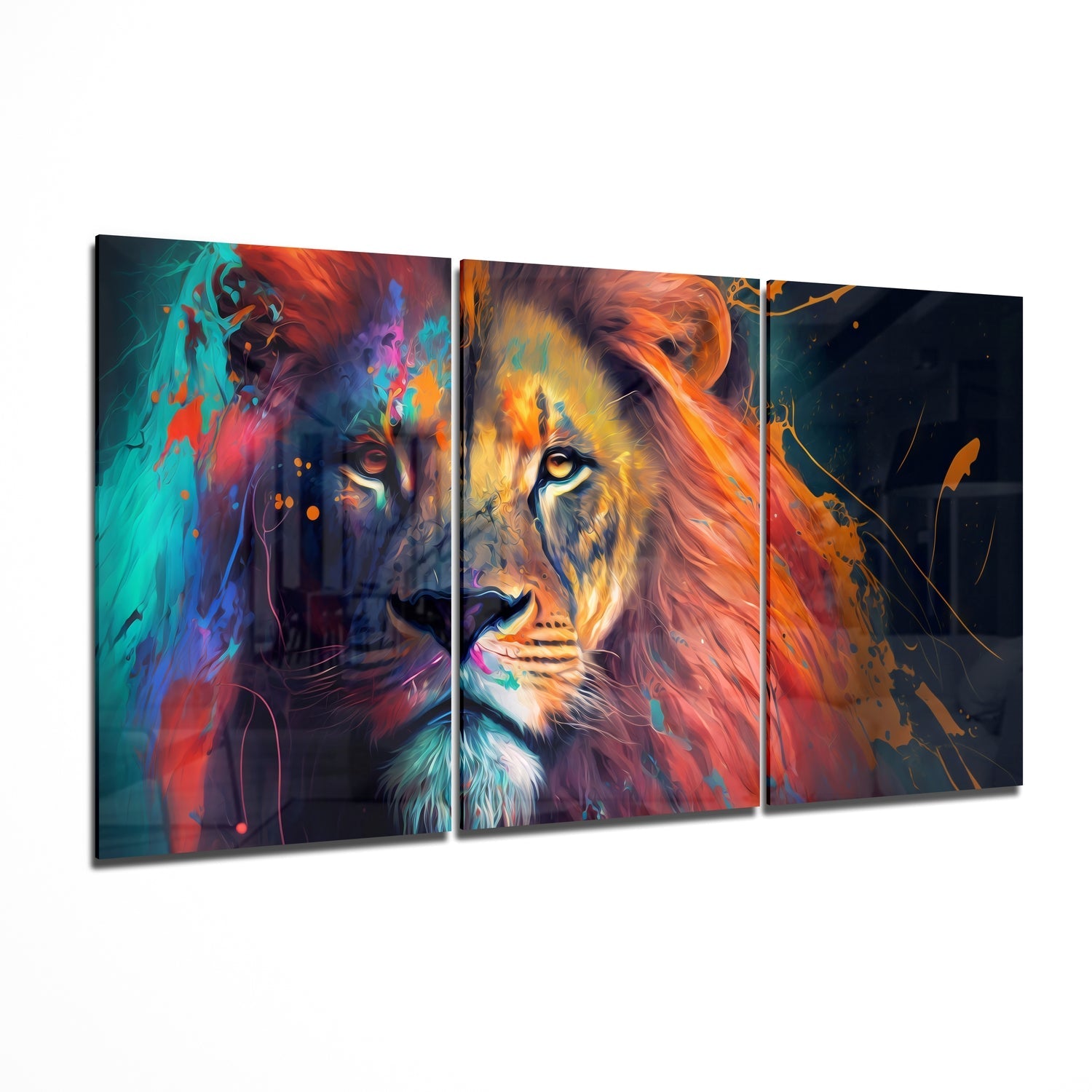 Lion triptych glass wall art set, 3-panel bold lion portrait on tempered glass