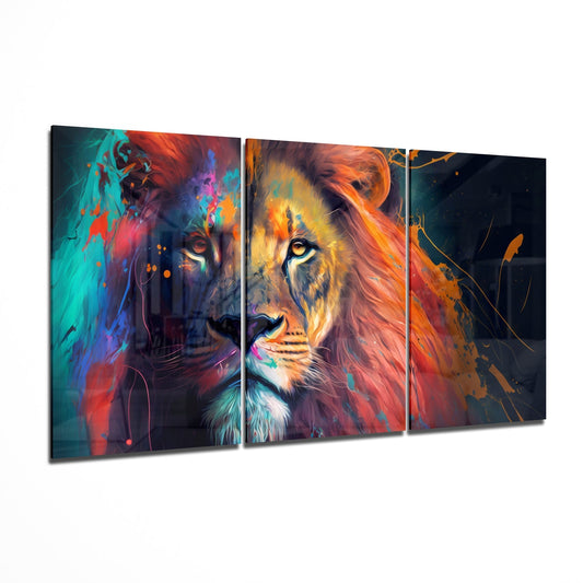Lion triptych glass wall art set, 3-panel bold lion portrait on tempered glass