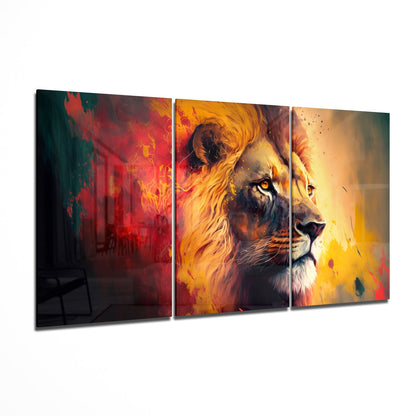 Lion glass wall art 3-panel set with bold mane portrait