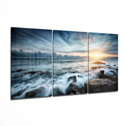 Sunset glass wall art 3-panel set with warm cinematic color
