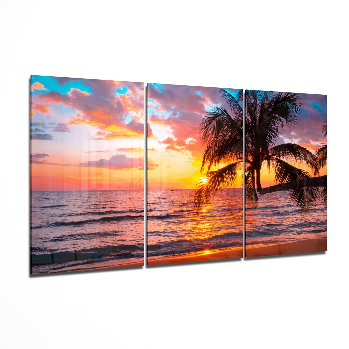 Sunset at the beach glass wall art 3-panel set with warm coastal color