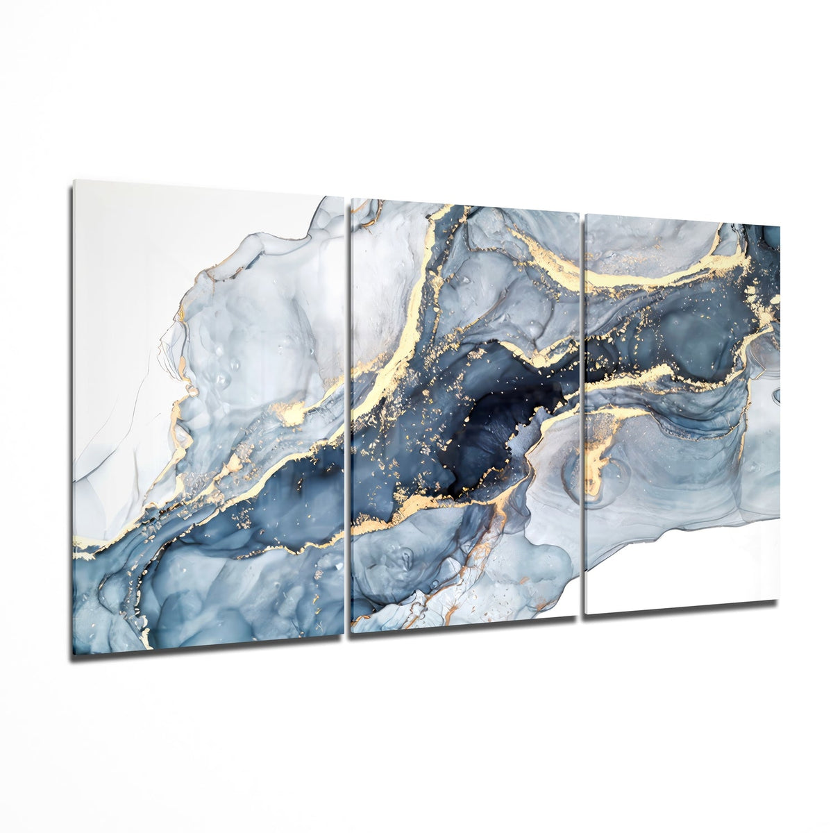 Blue and gold marble ink on three glass panels, shown at an angle on a white background