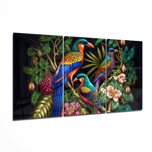 Tropical birds 3-panel glass wall art - vivid tropical bird triptych on tempered glass, up to 107 inches