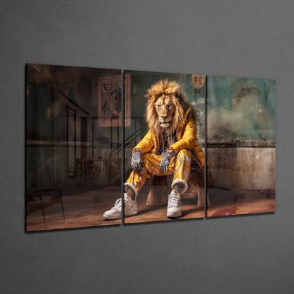Lion in a yellow puffer jacket 3-panel glass wall art set on a gray wall