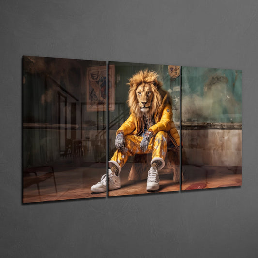 Lion in a yellow puffer jacket 3-panel glass wall art set on a gray wall