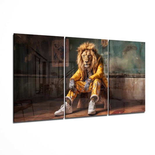 Lion in a yellow puffer jacket 3-panel glass wall art set on a white background, shown at an angle