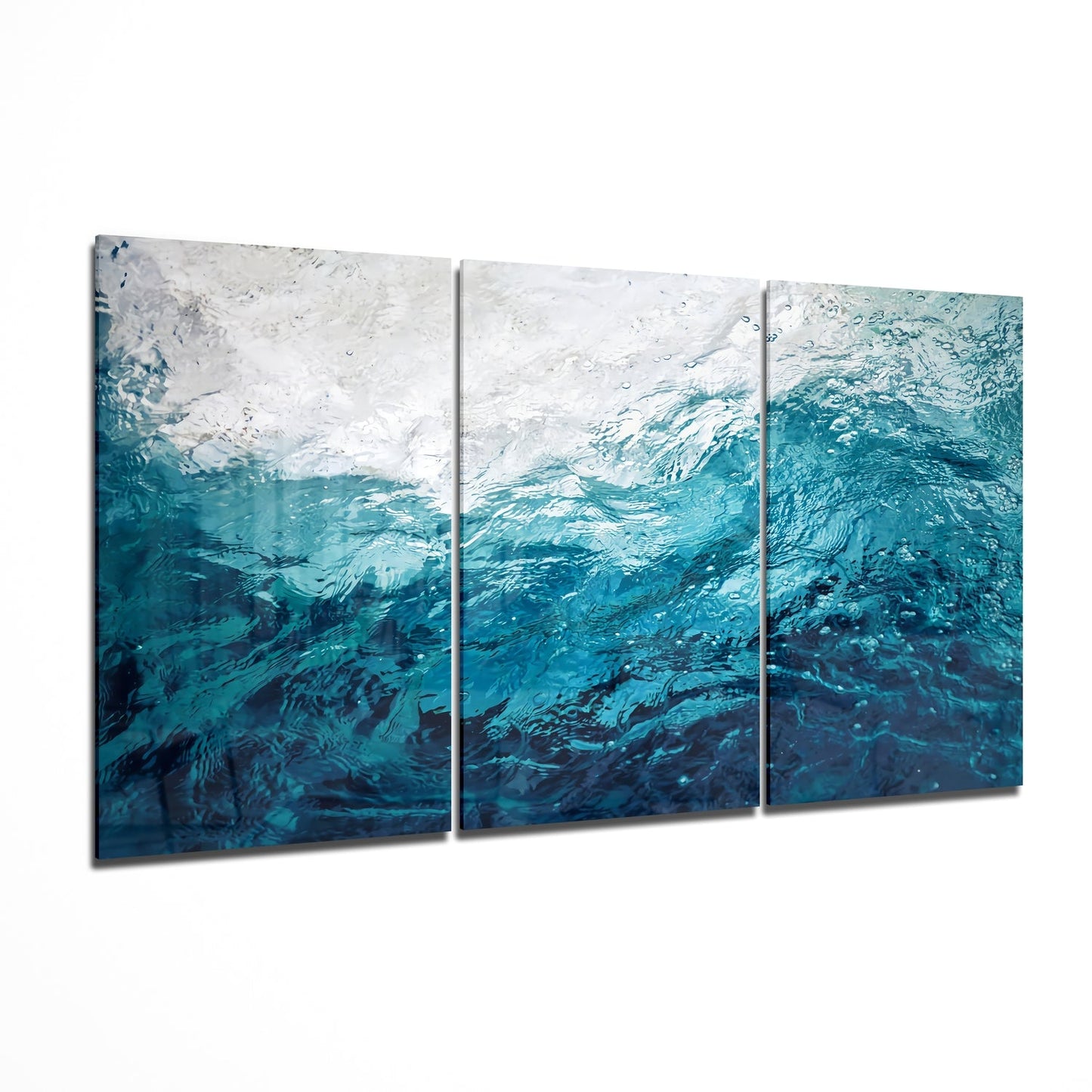 Three panel lake and mountain landscape glass wall art set