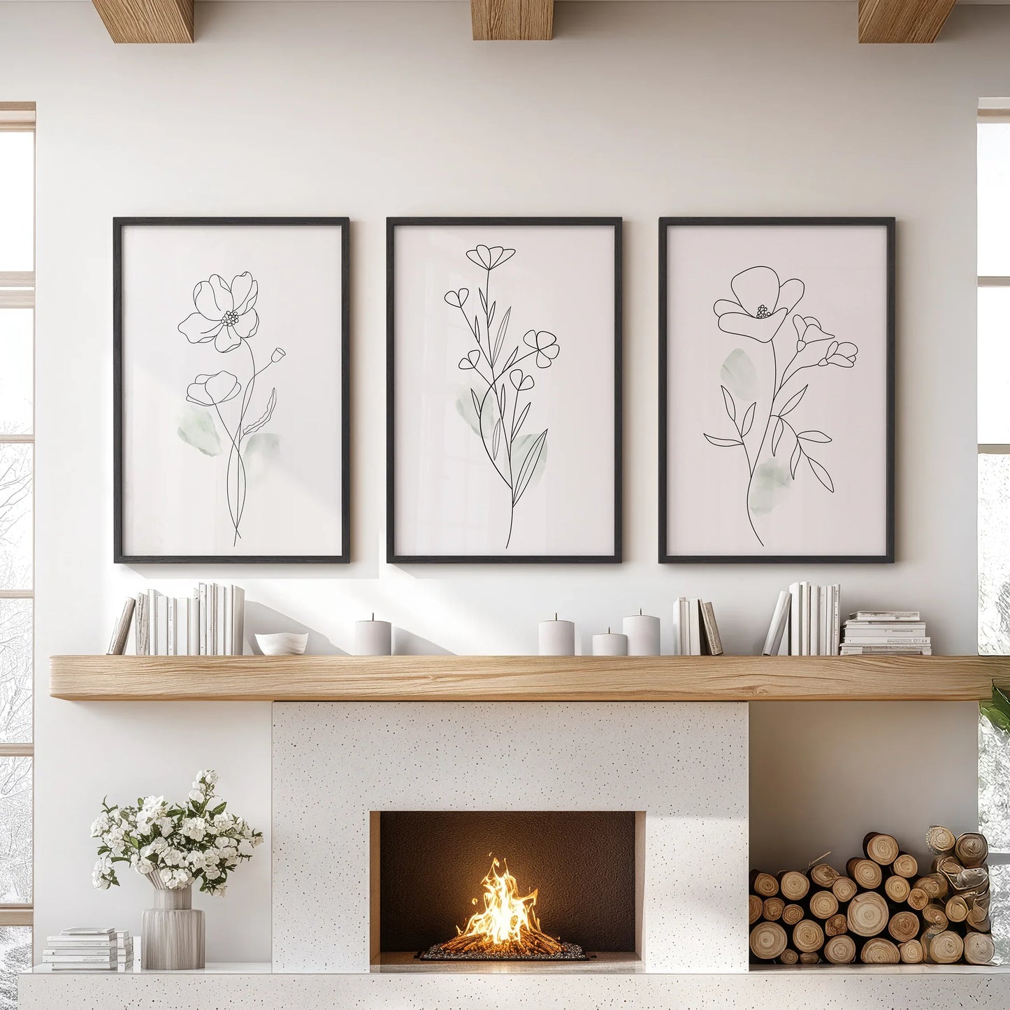 Modern Botanical Line Art Wall Art Set of 3 Floral Prints