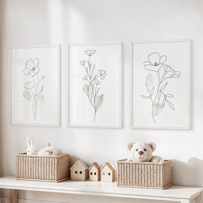 Modern Botanical Line Art Wall Art Set of 3 Floral Prints