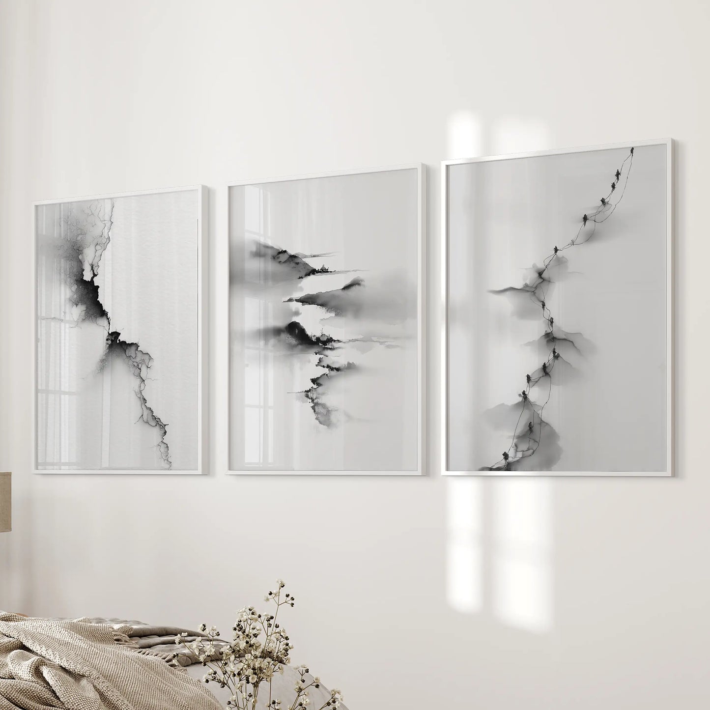 Abstract Mountain Wall Art, Black White 3 Piece Set