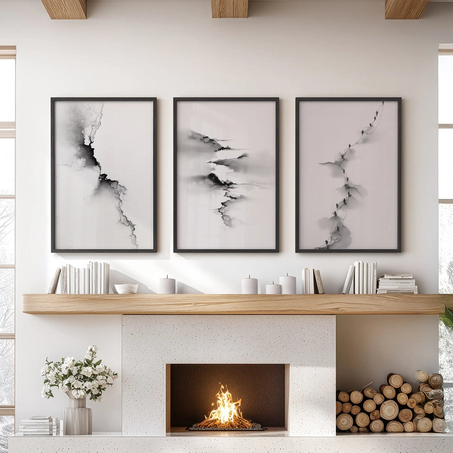 Abstract Mountain Wall Art, Black White 3 Piece Set