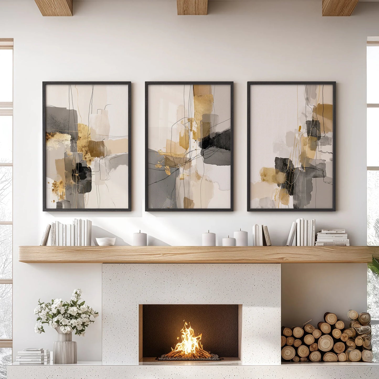 Neutral Abstract Wall Art Set of 3 Beige Gray Gold Prints